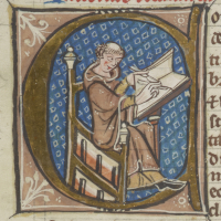 A scribe seated at his desk, from Cambridge, University Library, MS Ff.1.27, p. 254